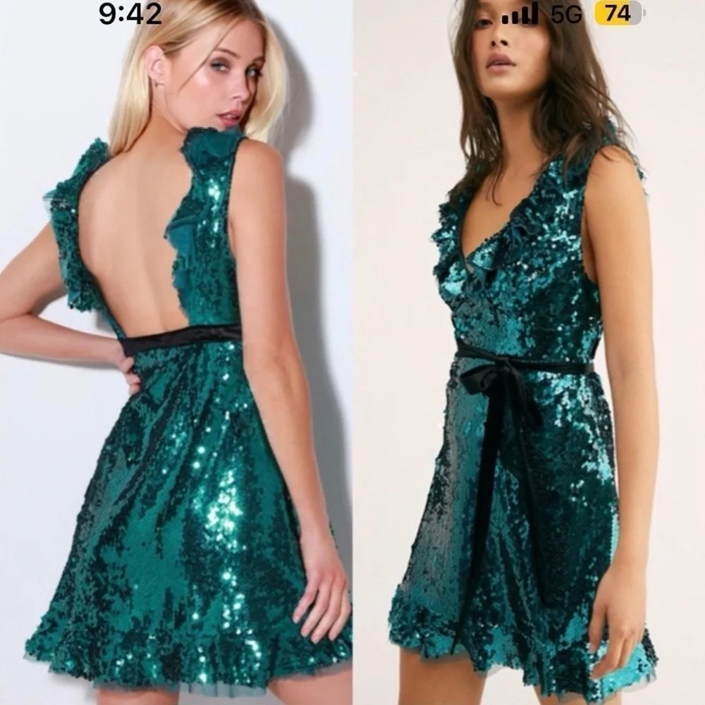 Free People Teal Sequin V-Neck Mini Party Dress with Black Velvet Tie